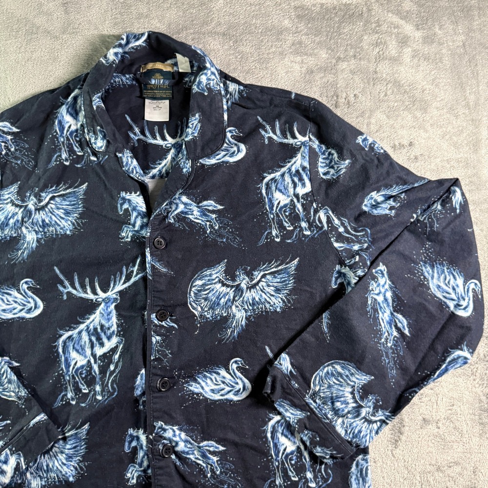 Pottery Barn Harry Potter Patronus Pajama Top Large Navy Blue Button Up Shirt